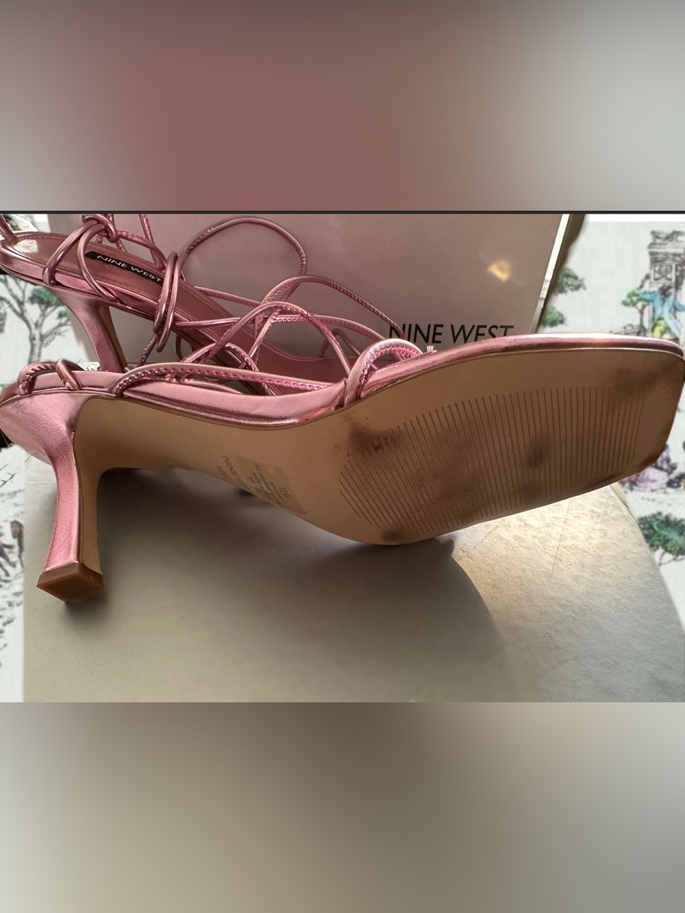 Nine West Yarin; medium pink.Metallic Rose Pink Lace-Up Sandals (Metallic Pink) - Picture 3 of 6
